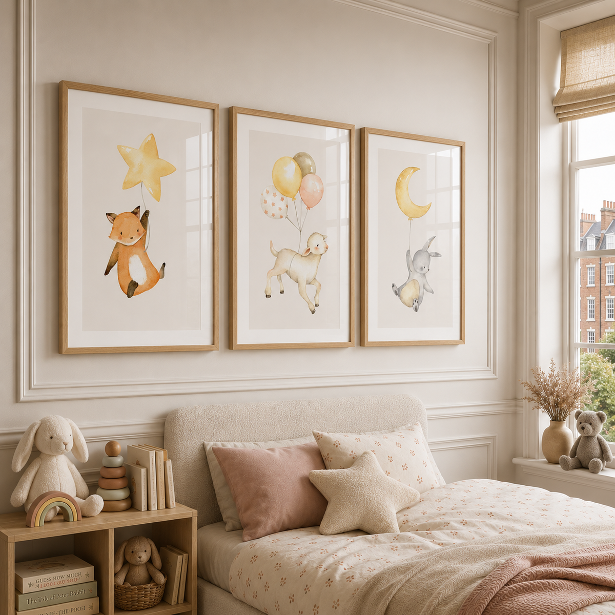 Three framed watercolor animal prints hang on a cream wall above a child's bed. The prints show a fox under a star, a goat with balloons, and a rabbit under a crescent moon.