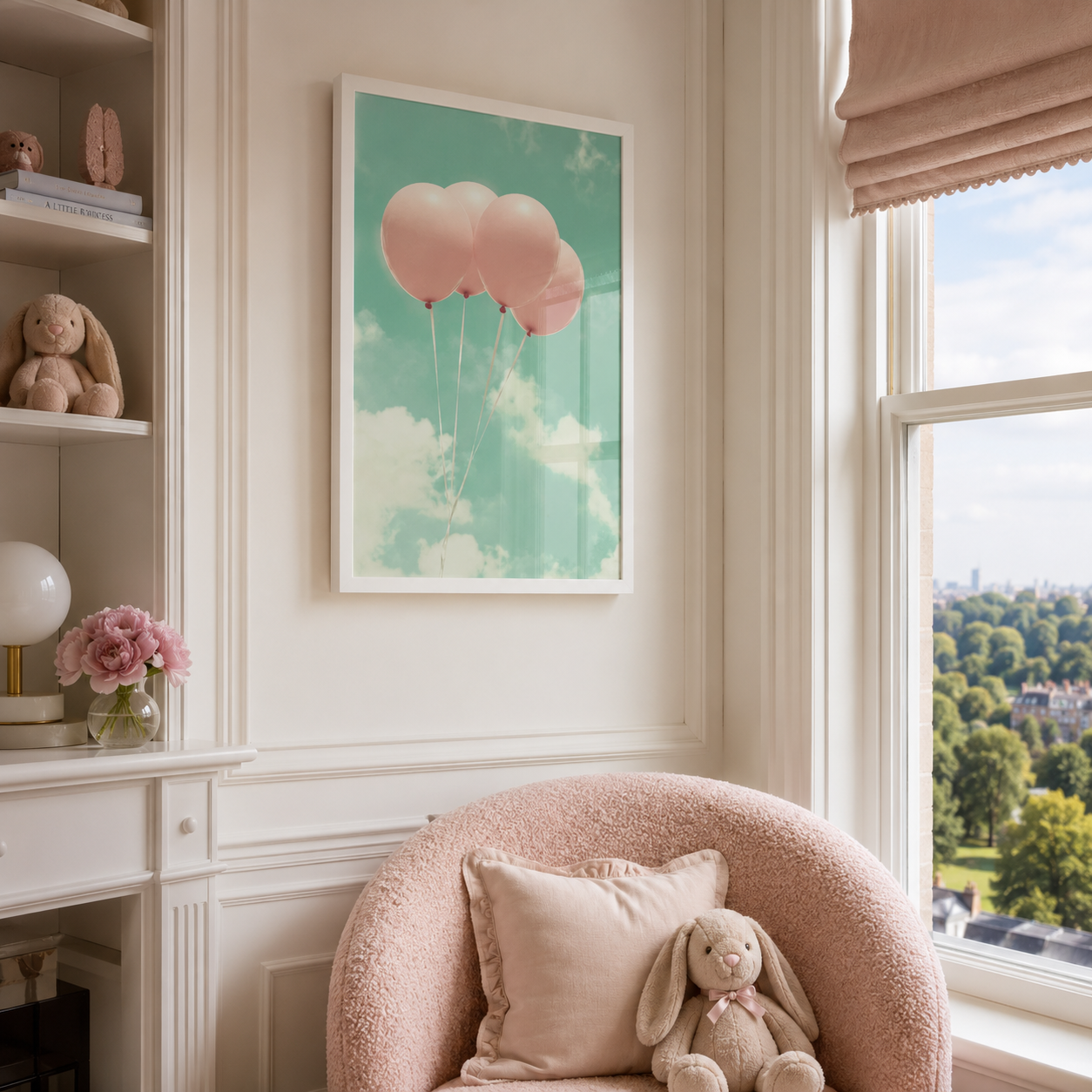 A framed art print featuring pink balloons floating in a mint green sky, displayed on a cream wall in a beautifully styled child's room with a pink armchair, bunny plush toy, and window view.