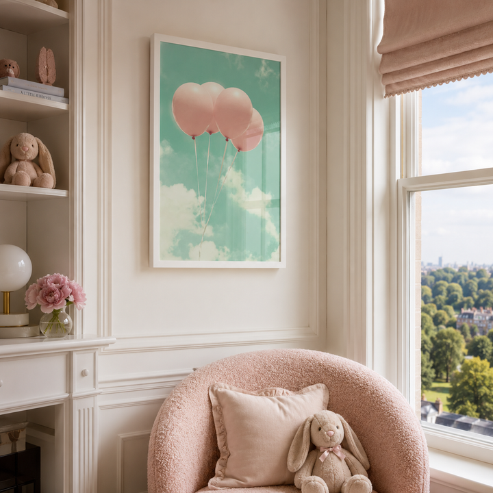 A framed art print featuring pink balloons floating in a mint green sky, displayed on a cream wall in a beautifully styled child's room with a pink armchair, bunny plush toy, and window view.
