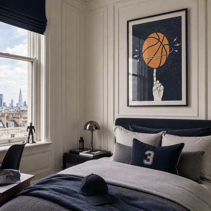 A styled bedroom interior with a bed dressed in navy and gray bedding, a framed wall art print above the headboard showing an orange basketball on a finger against a dark navy background, and a window with a city view on the left.
