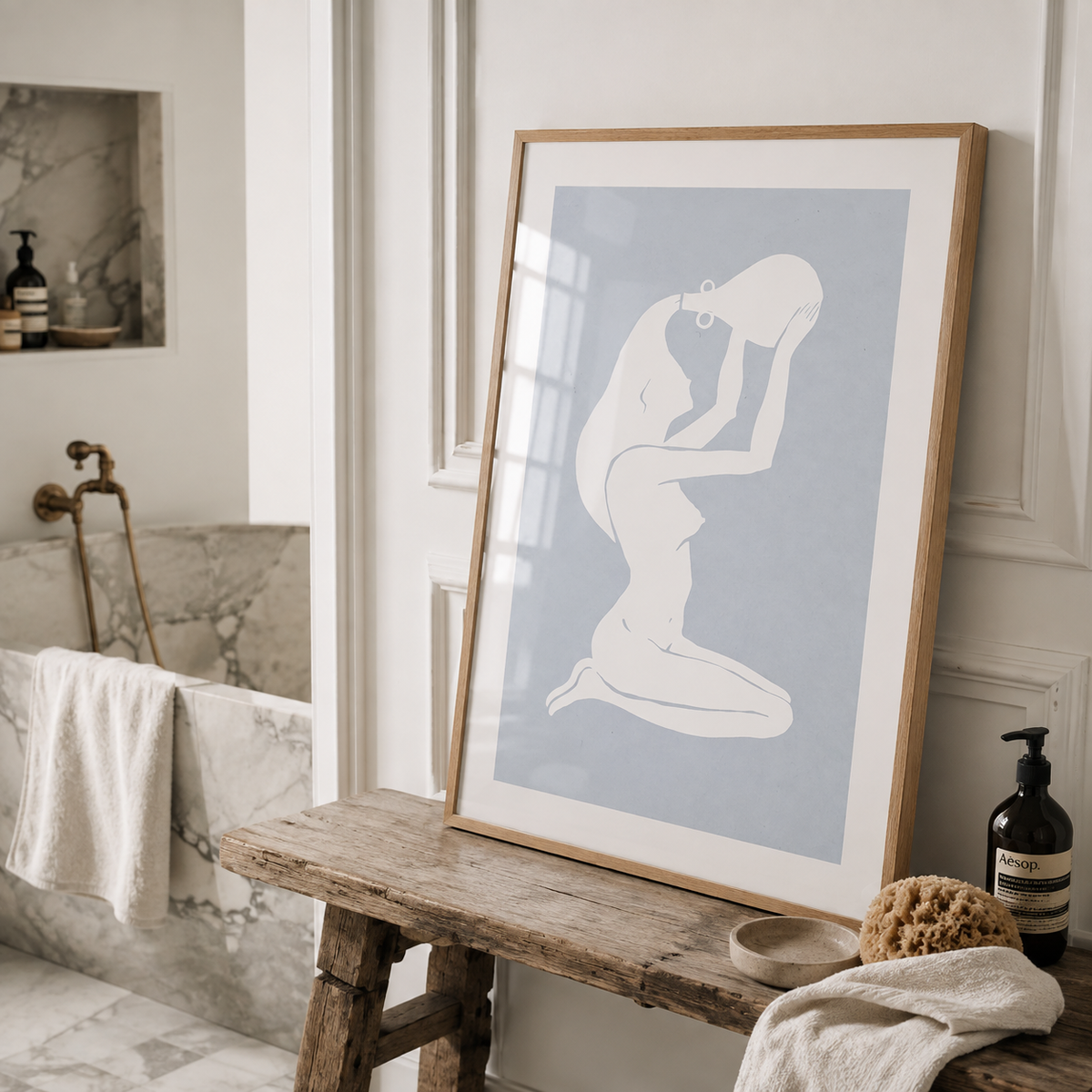 luxury light blue illustrated wall art in marble bathroom