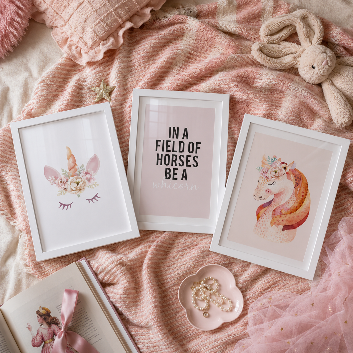 Three framed unicorn-themed nursery wall art prints arranged on a pink blanket with a plush bunny toy, tulle fabric, and an open book nearby.