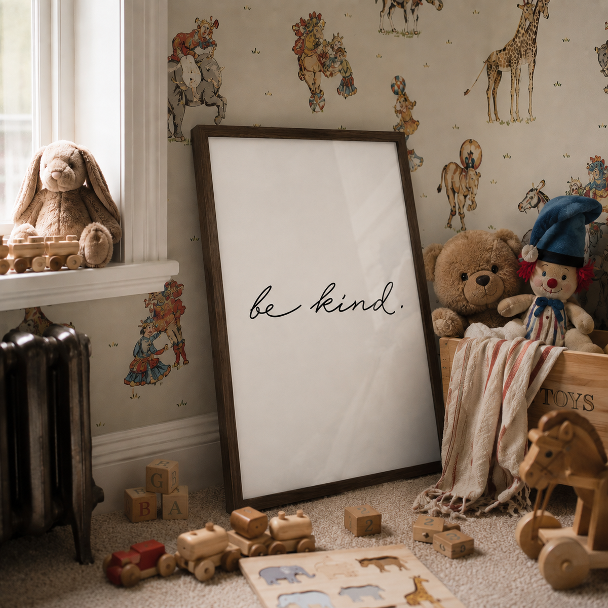 A large framed wall art print leaning against a wall in a child's playroom. The print has a white background with the phrase 'be kind.