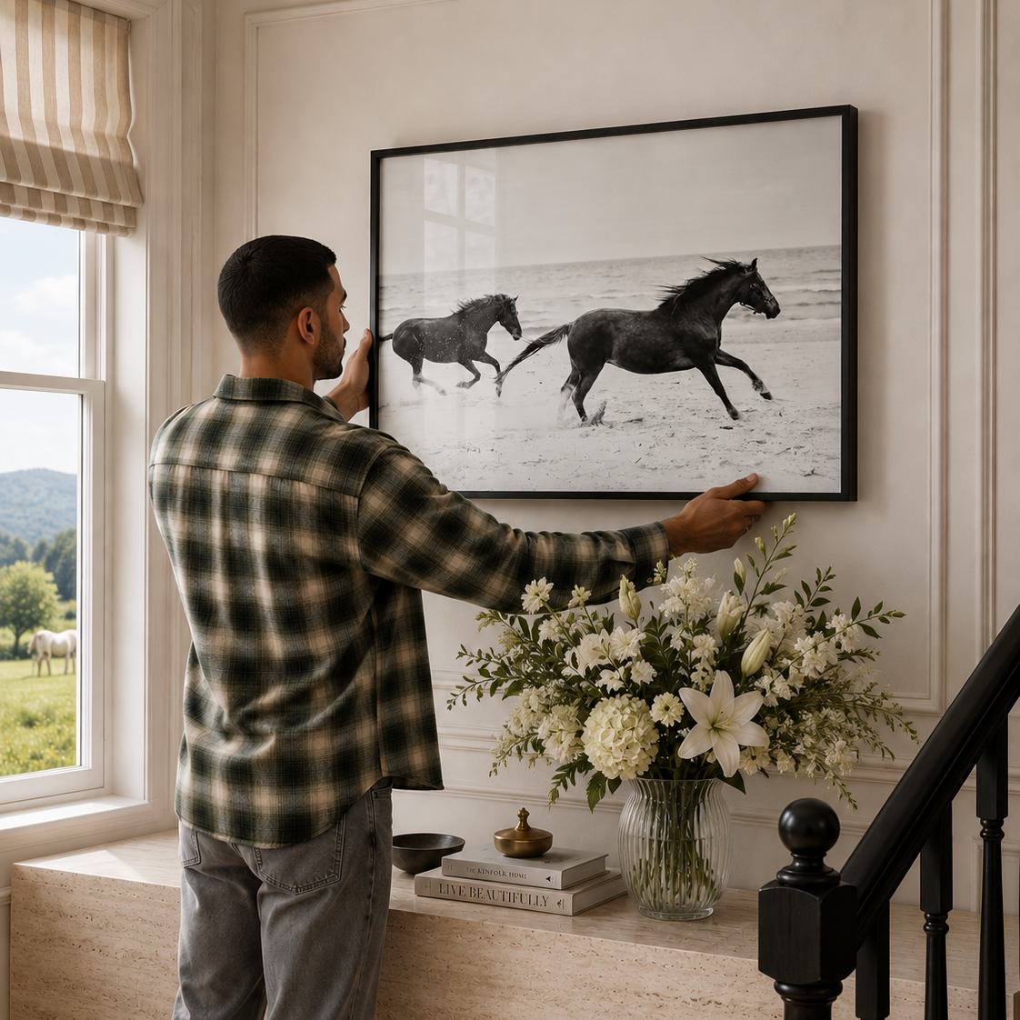 A man in an All Saints green and black plaid flannel shirt hangs a large black-and-white framed print of two galloping horses on a cream-colored wall in a beautifully decorated home entryway.