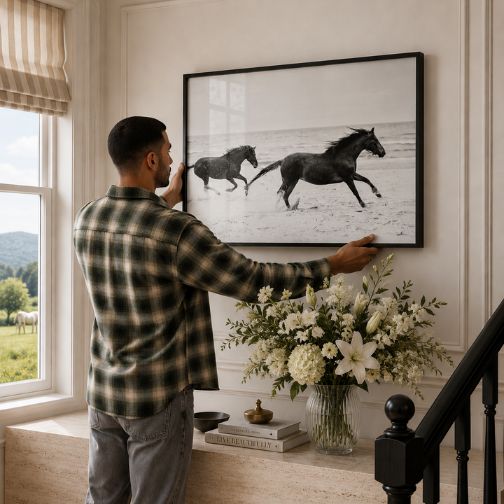 A man in an All Saints green and black plaid flannel shirt hangs a large black-and-white framed print of two galloping horses on a cream-colored wall in a beautifully decorated home entryway.