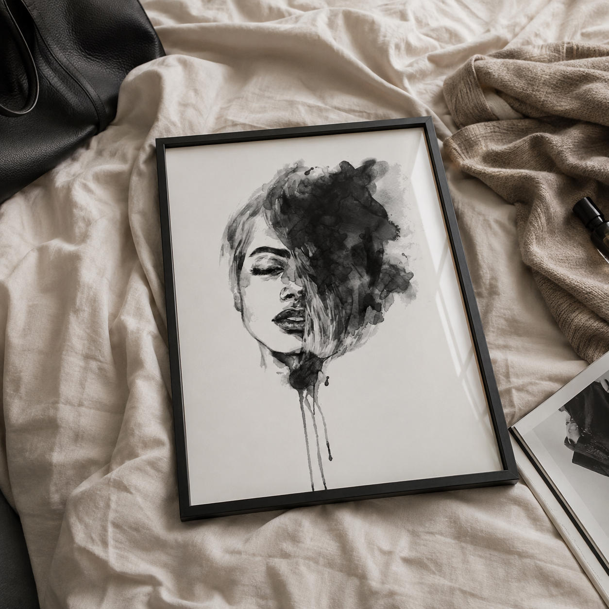 A framed black and white watercolor portrait print of a woman's face, displayed on a beige linen surface with a black leather bag and a brown knit blanket nearby.