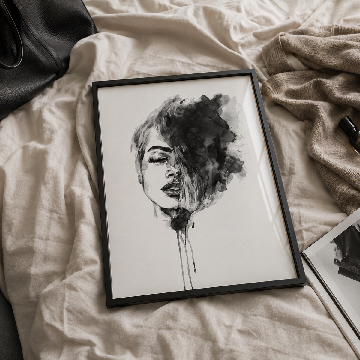 A framed black and white watercolor portrait print of a woman's face, displayed on a beige linen surface with a black leather bag and a brown knit blanket nearby.
