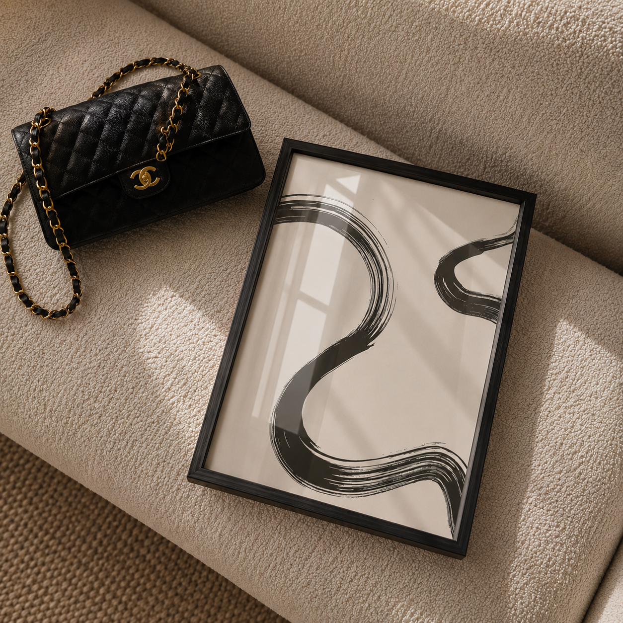 Black quilted handbag and framed abstract art on a textured surface