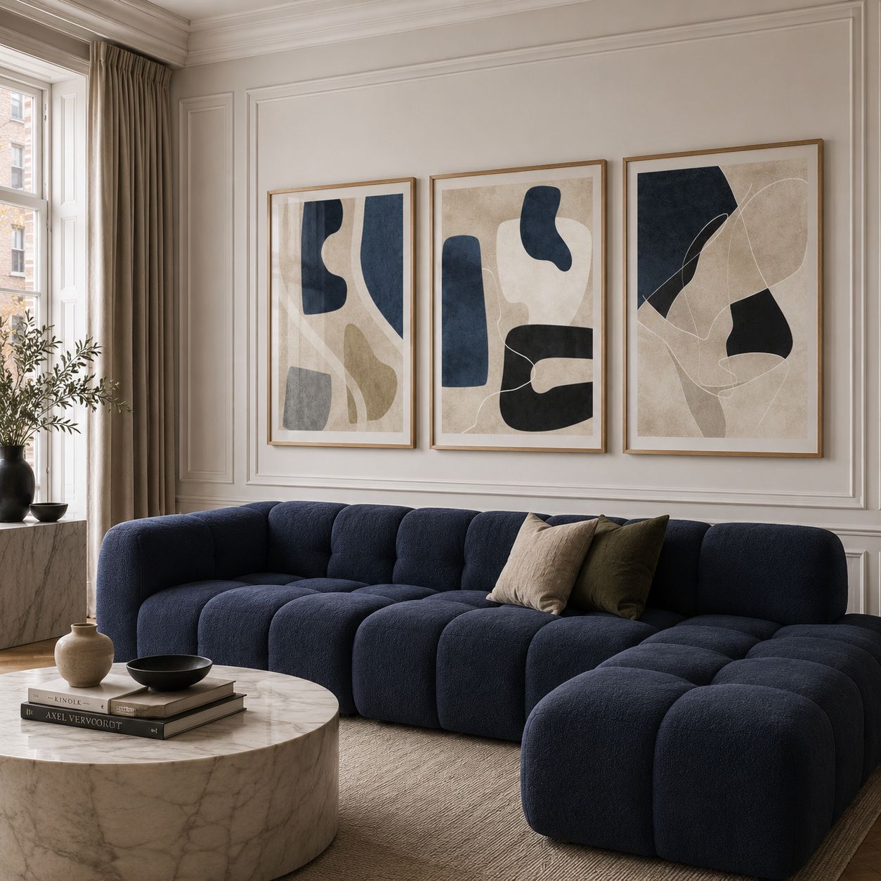 A modern living room featuring a large tufted navy blue sectional sofa, a round marble coffee table, and a beige wall adorned with a three-piece abstract canvas print in navy, beige, and black.