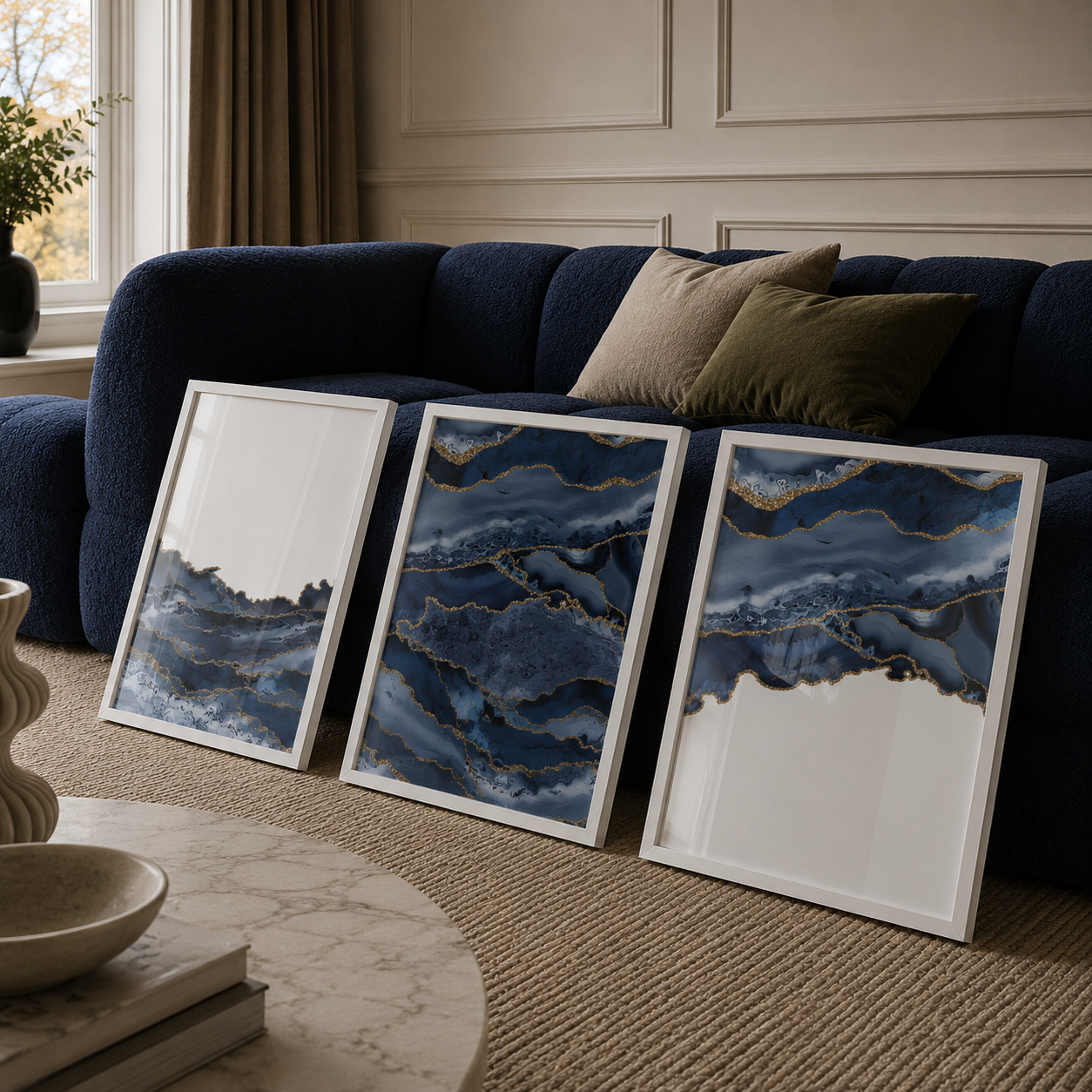 Three framed abstract art prints with blue, gray, and gold marbled designs are displayed leaning against a dark blue sofa in a modern living room setting.