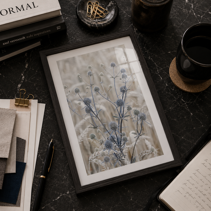 A framed botanical art print featuring muted blue-gray thistle-like flowers on a soft beige background, styled on a dark marble desk with books, stationery, a cup, and paper clips.