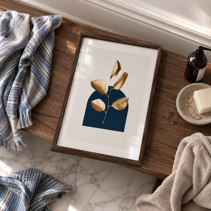 A framed botanical art print featuring gold leaves on a navy blue background, styled on a wooden bathroom bench with towels, soap, and accessories.