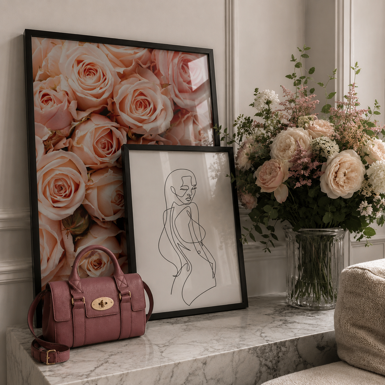 A styled interior scene with two framed art prints leaning on a marble mantel beside a pink Birkin handbag and a glass vase of flowers. The larger print shows peach and cream roses, and the smaller print is a minimalist line drawing of a woman.