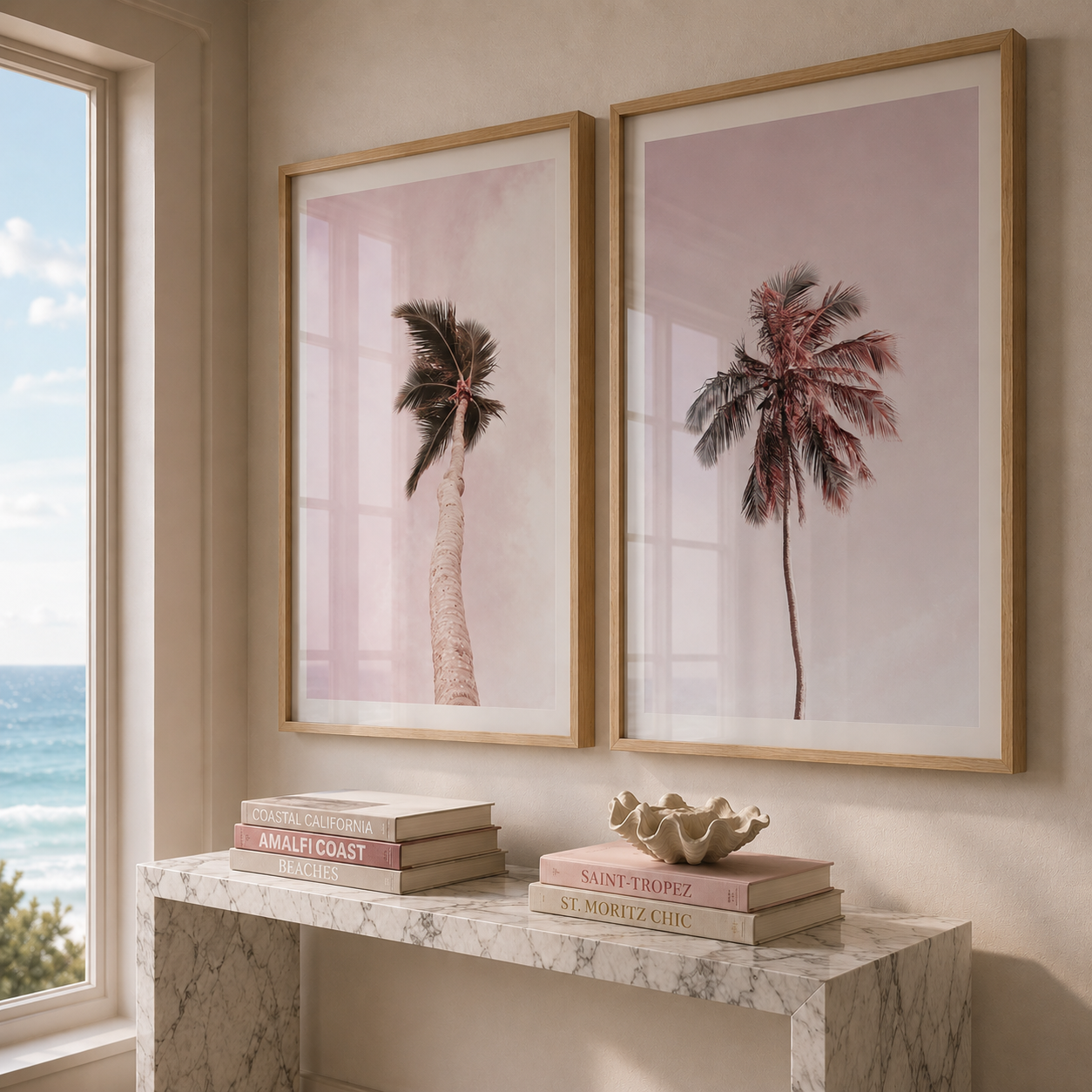 Two framed art prints with light wood frames hang on a beige wall above a marble console table in a THE LOCAL PROJECT home. The prints feature minimalist palm tree illustrations in soft pink and peach tones.