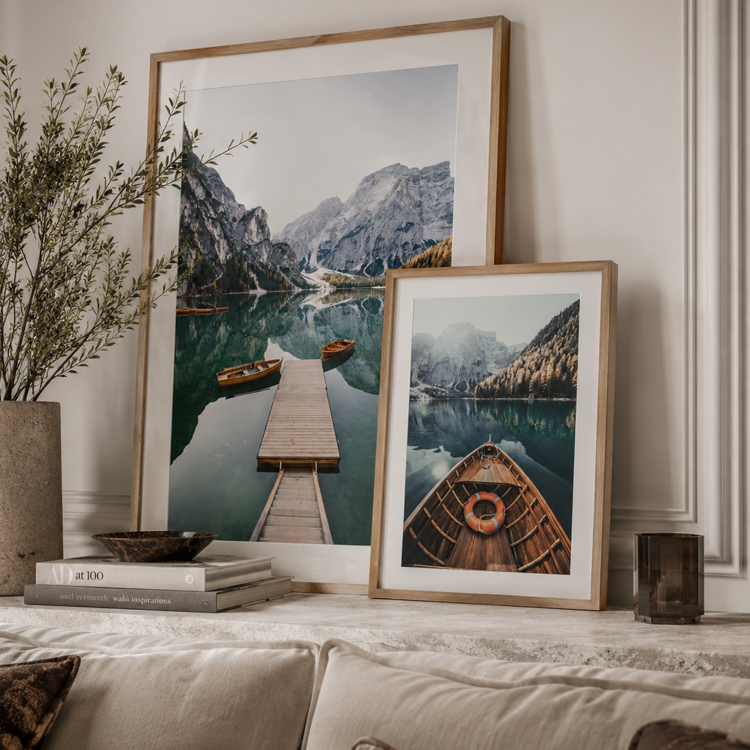 art work of boats in an italian lake in a luxury living room