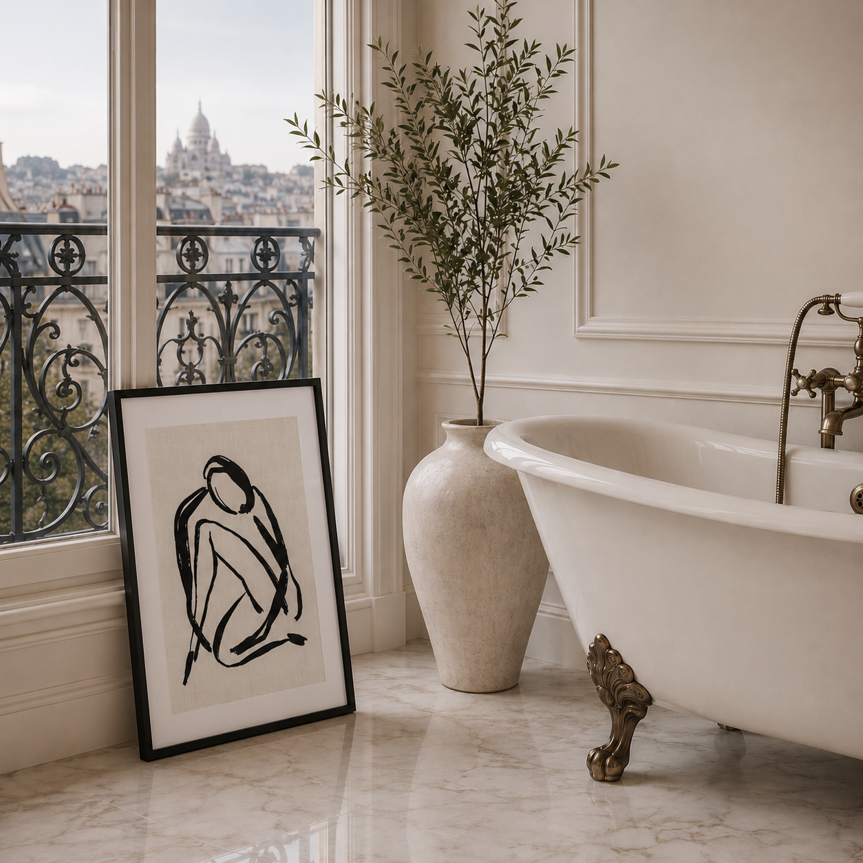 Bathroom with freestanding bathtub, vase with plant, and framed artwork.