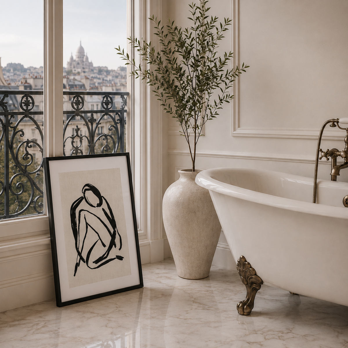 Bathroom with freestanding bathtub, vase with plant, and framed artwork.