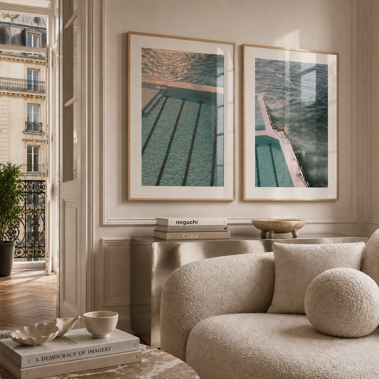 Two framed abstract art prints depicting water and poolside scenes, displayed on a beige wall in a modern, elegant living room with a textured bouclé sofa and a side table.