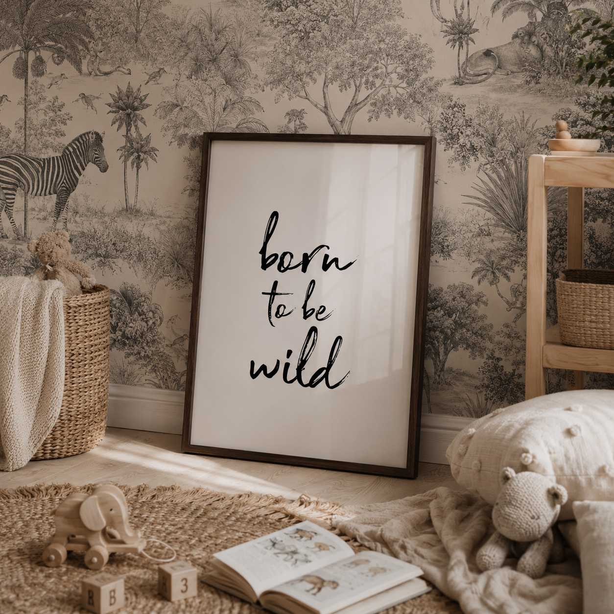 A framed wall art print with the phrase 'born to be wild' in black script on a white background, leaning against a safari-themed wallpapered wall in a styled nursery setting with toys, blankets, and a wooden shelf.