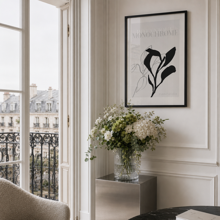 A framed black and white botanical art print with the text 'BOTANIQUE MONOCROME' hangs on a white paneled wall in a bright room. Below the frame, a glass vase filled with white and green flowers sits on a metallic side table near a window with an outdoor balcony view of Paris.