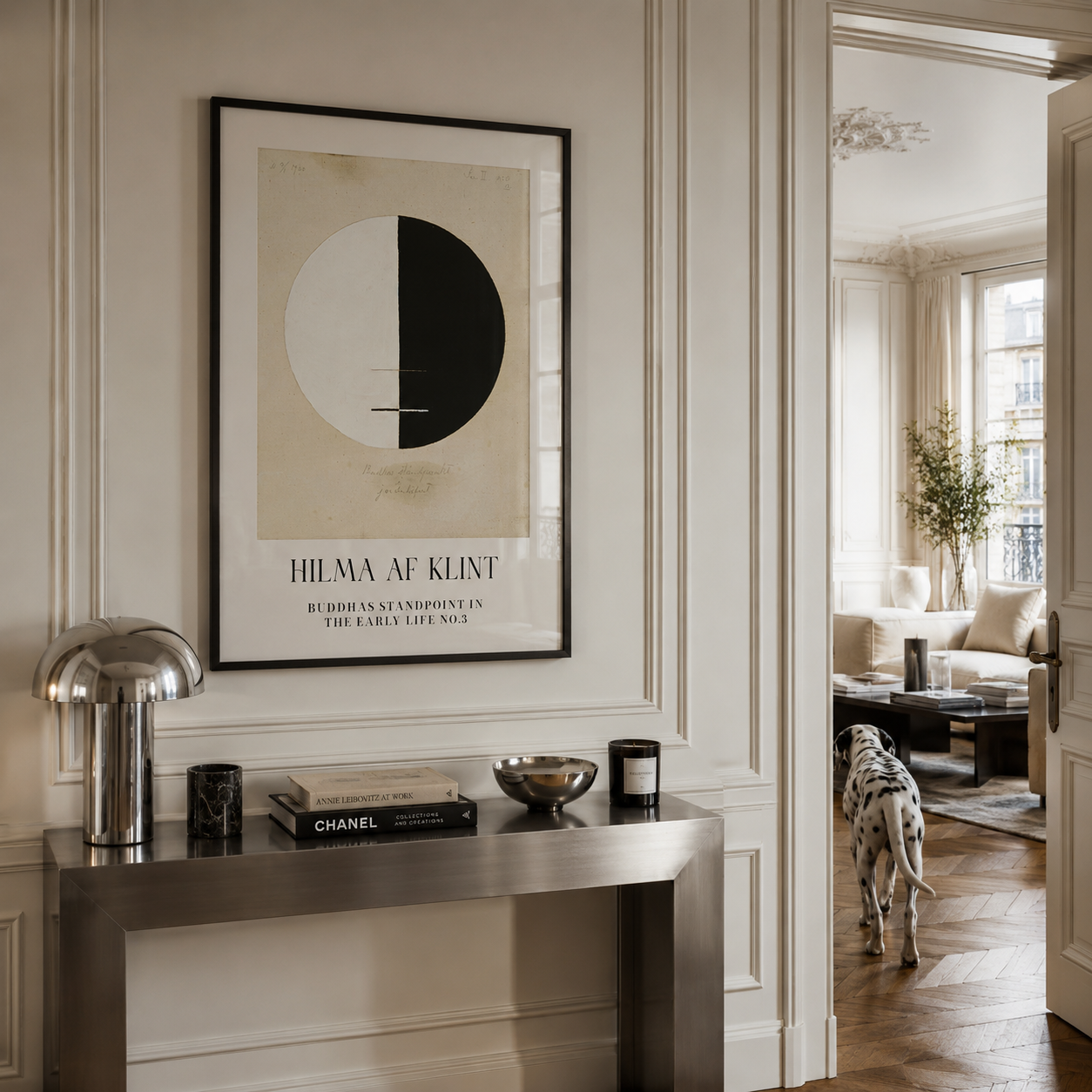 Buddhas Standpoint No.3 Poster, an iconic artwork inspired by Hilma af Klint's visionary abstract style in a luxury Parisian apartment hallway