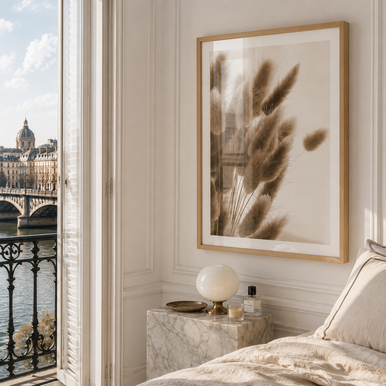 luxury wall art of bunny tails grass in an a2 oak frame in a luxury parisian bedroom with marble block side table
