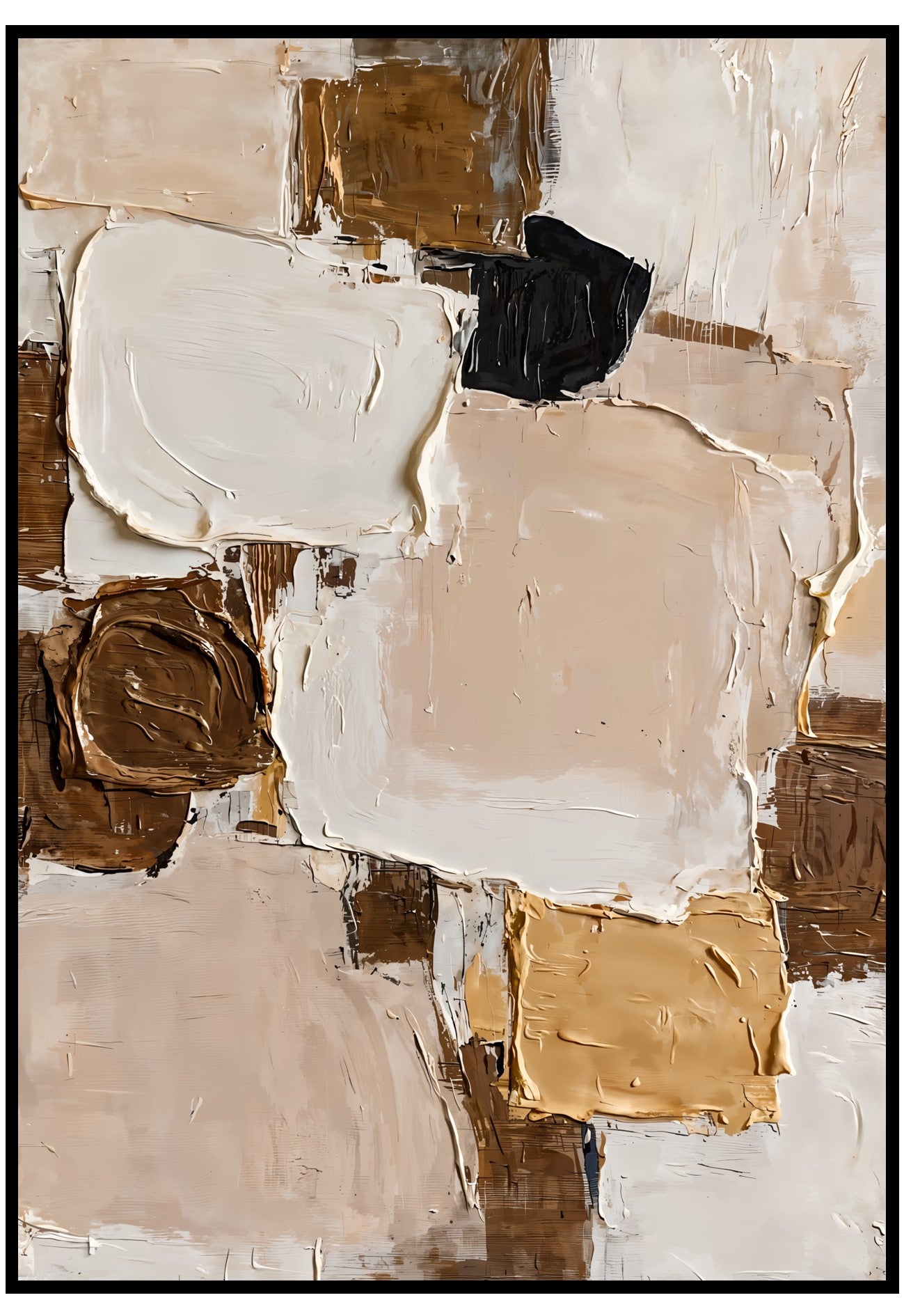 Abstract art piece with beige, brown, and black colors on a white background