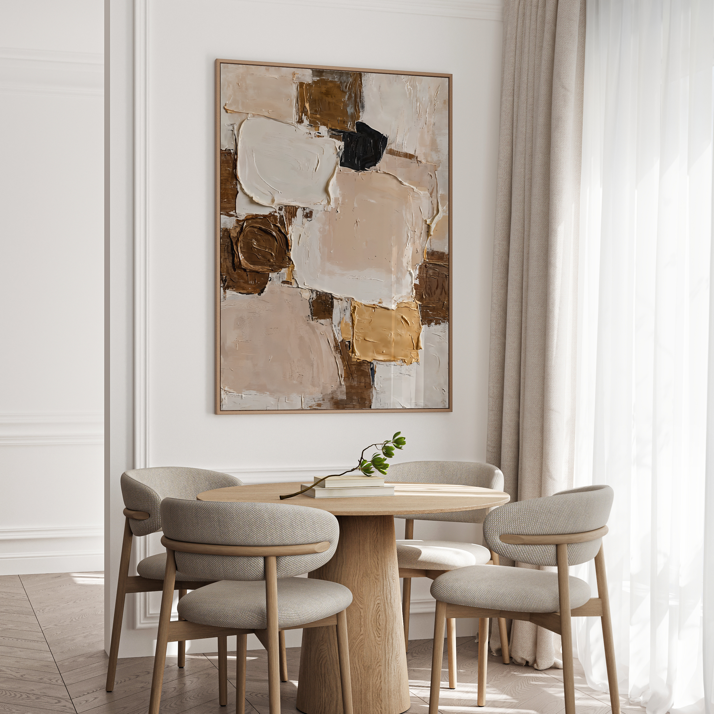 Dining room with a wooden table and chairs, abstract painting on the wall, and light curtains.