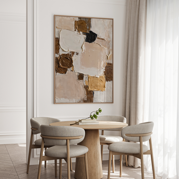 Dining room with a wooden table and chairs, abstract painting on the wall, and light curtains.