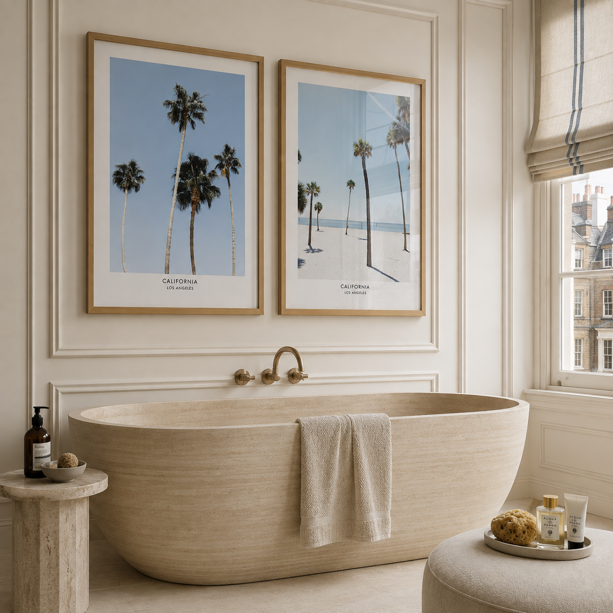 two california themed palm tree posters in luxury london bathroom