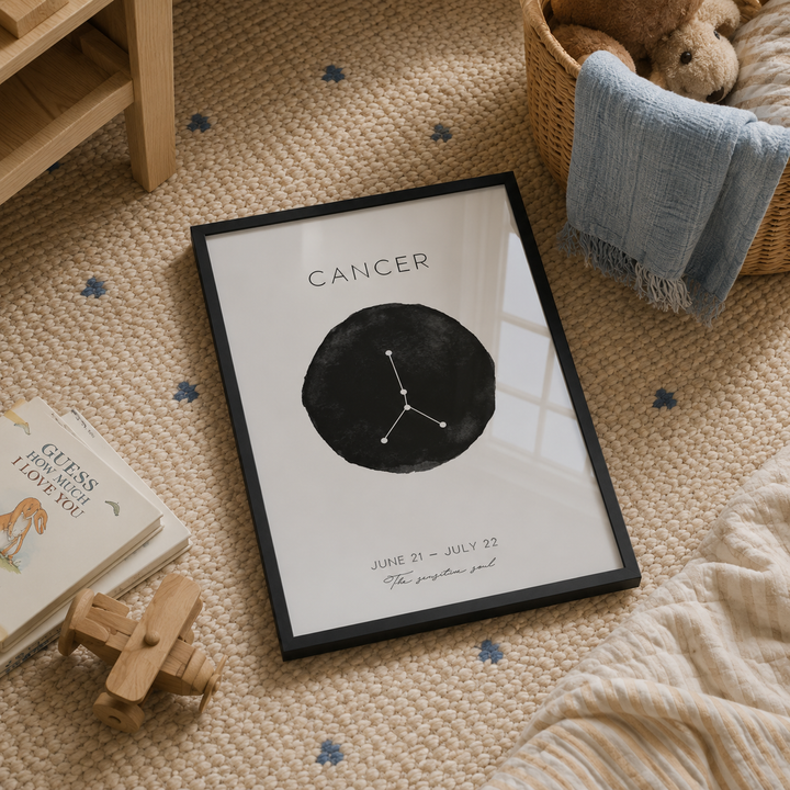 A framed art print featuring the Cancer zodiac sign, styled on a woven beige rug with blue star accents alongside a wooden toy airplane, a book, and a basket with a blue throw blanket.
