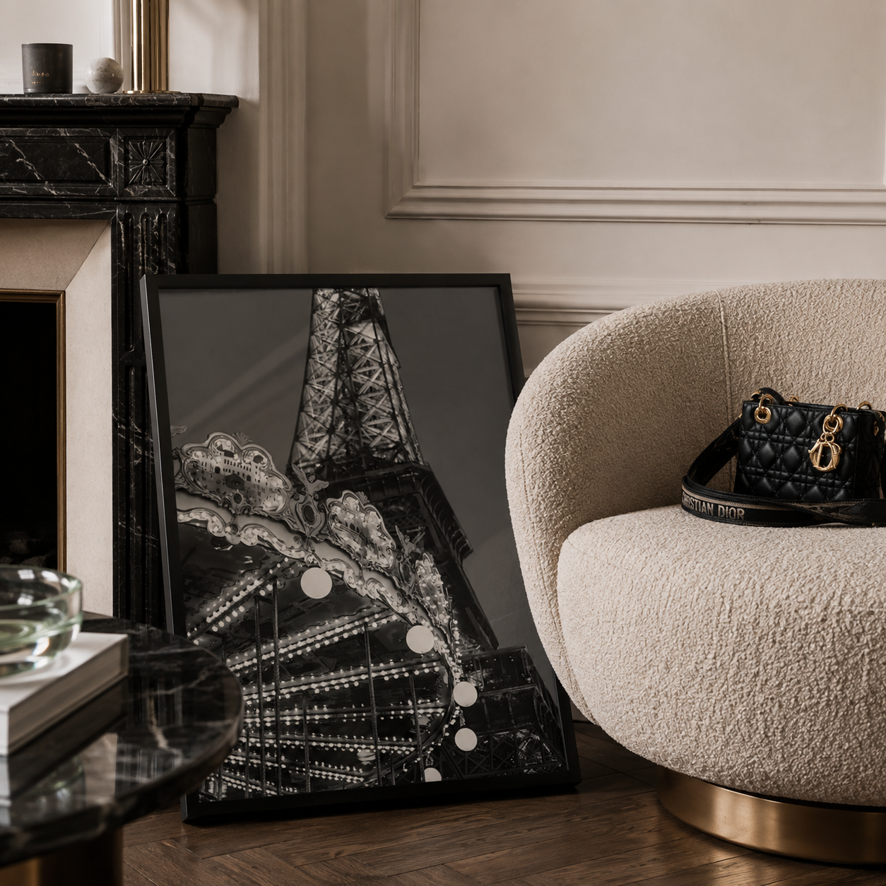 black and white photography poster of a carousel in paris