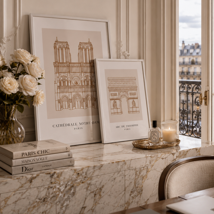 Two framed architectural art prints of Parisian landmarks (Cathédrale Notre Dame and Arc de Triomphe) styled on a marble console table in a luxurious room with a window view, next to a vase of roses and books.