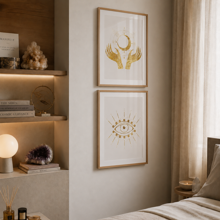 Decorative wall art with celestial designs in a bedroom setting.