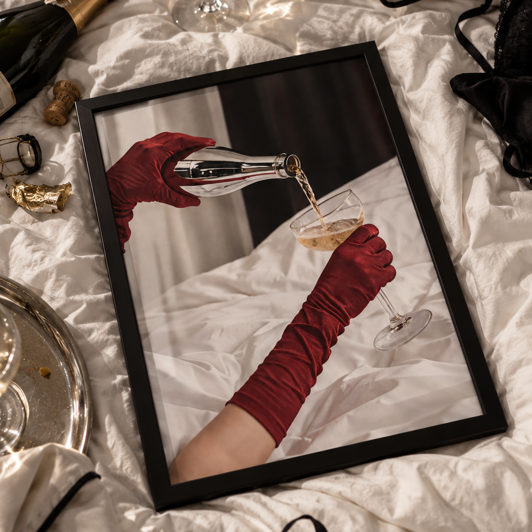 A luxury poster of a woman ouring champagne in bed wearing deep red gloves in a lack frame