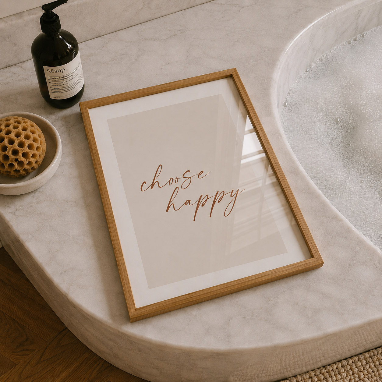 Framed print with 'choose happy' text on a marble surface next to a bottle and bath bomb.