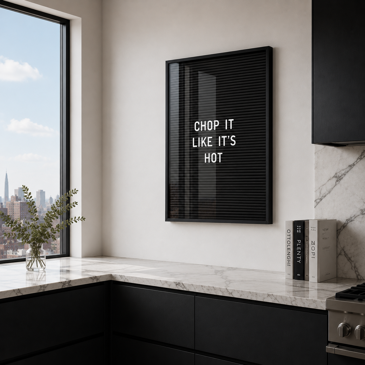 Modern kitchen with a framed quote on the wall