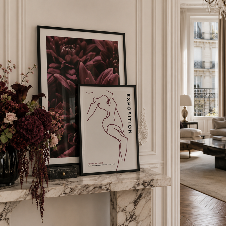 deep red chrysanthemum poster in black frame in parisian apartment