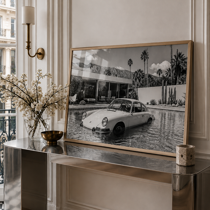 Classic car in pool horizontal black and white wall art