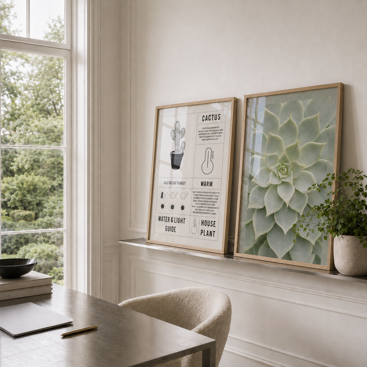 Two framed botanical wall art prints displayed side-by-side on a white wall in a bright room. The left print is a black and white cactus guide, and the right print shows a close-up of a pale green succulent.