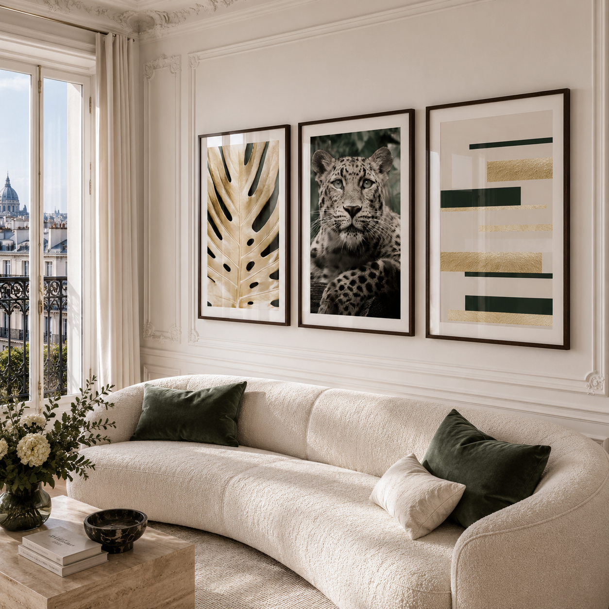 luxury green and gold wall art in stylish parisian apartment