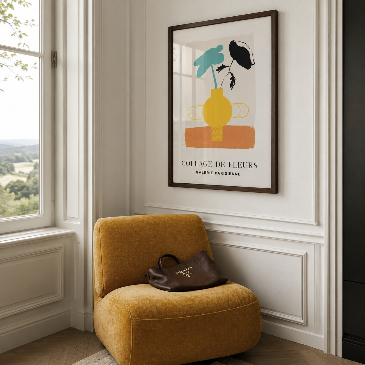 A framed wall art print hangs above a mustard yellow armchair in a bright room. The print features an abstract floral composition with a yellow vase, teal leaves, and black flowers, with the text 'COLLAGE DE FLEURS' and 'GALERIE PARISIENNE'.