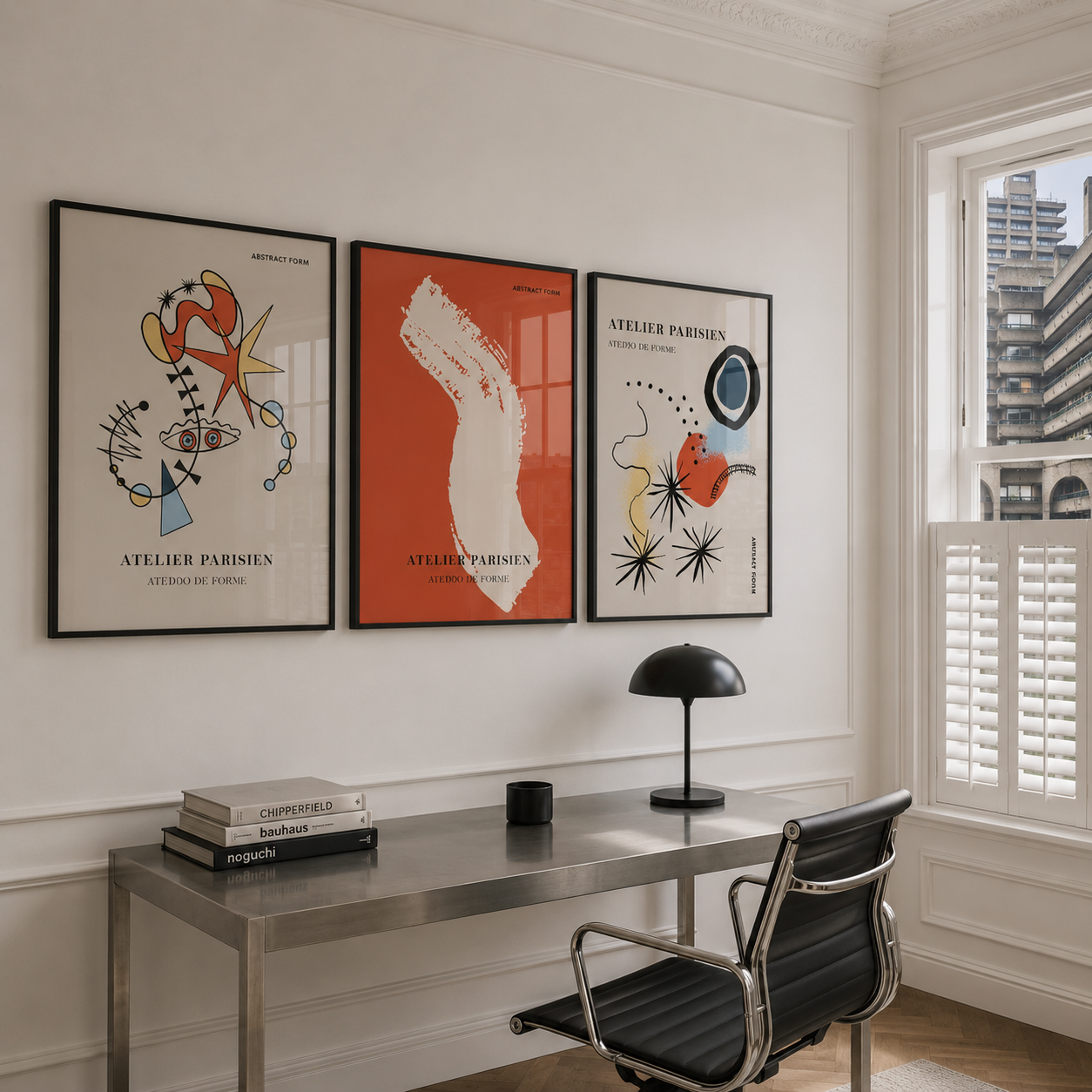 Modern office desk with a chair, lamp, and framed artwork on a white wall.