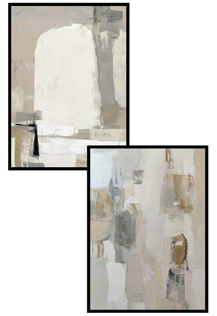 Two abstract art pieces with neutral tones on a white background