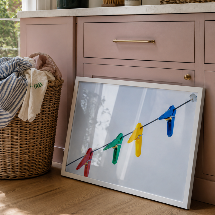 Colourful pegs on a washing line wall art
