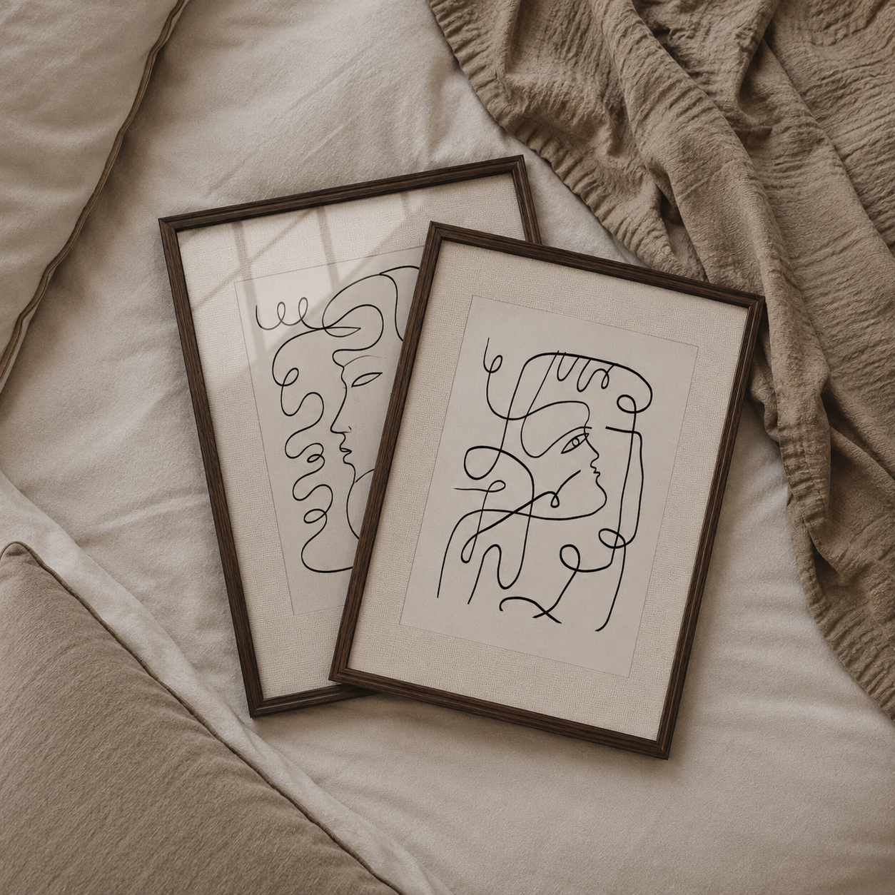 Two framed line art portraits on a soft beige surface with a textured blanket.
