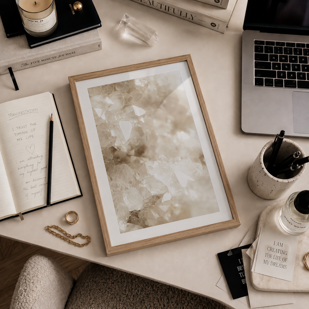 Desk with a framed artwork, notebook, laptop, and various items on a light surface.
