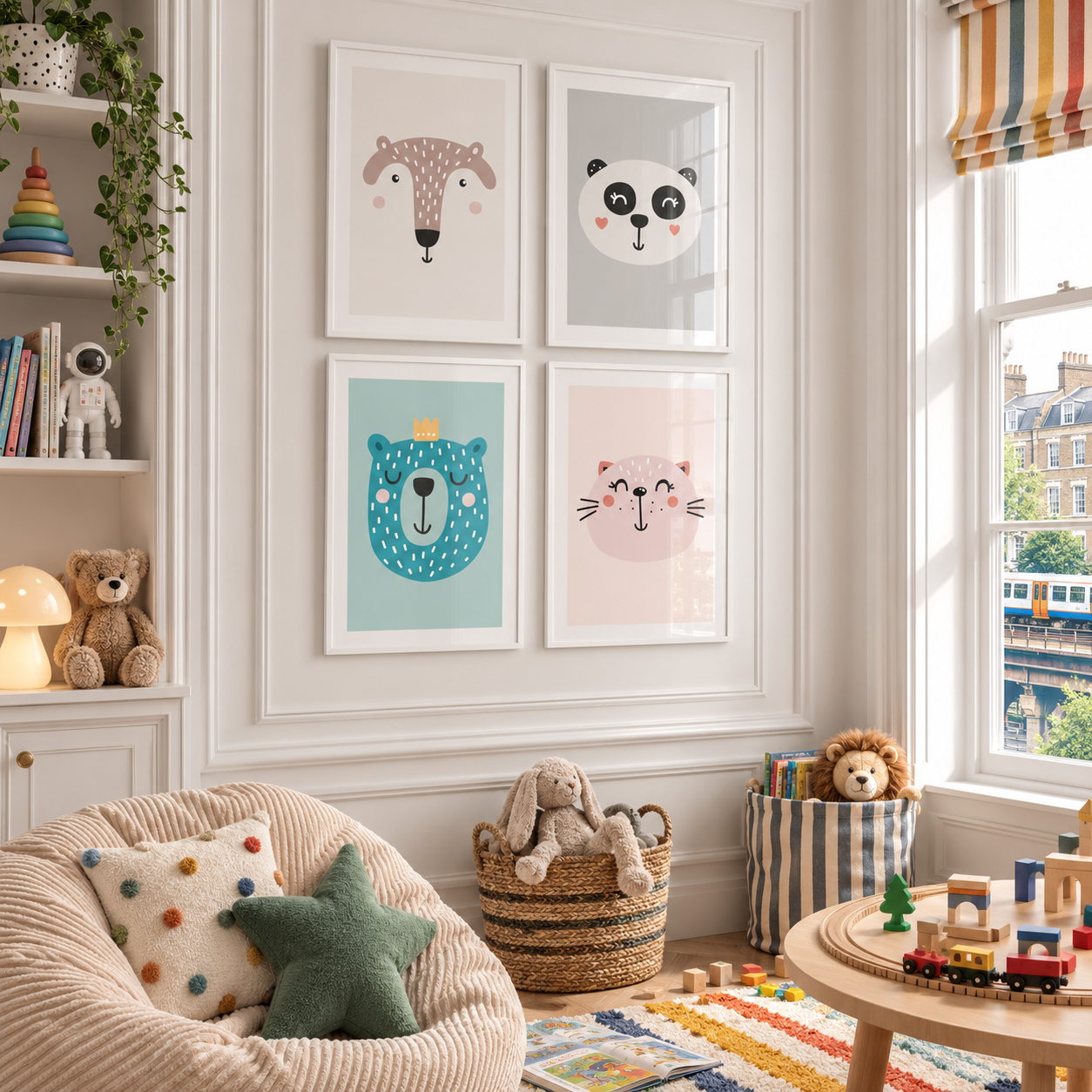 A styled children's room corner with four framed wall art prints above a cream ribbed armchair. The prints show a fox, panda, blue bear, and pink cat illustration on a light neutral wall.