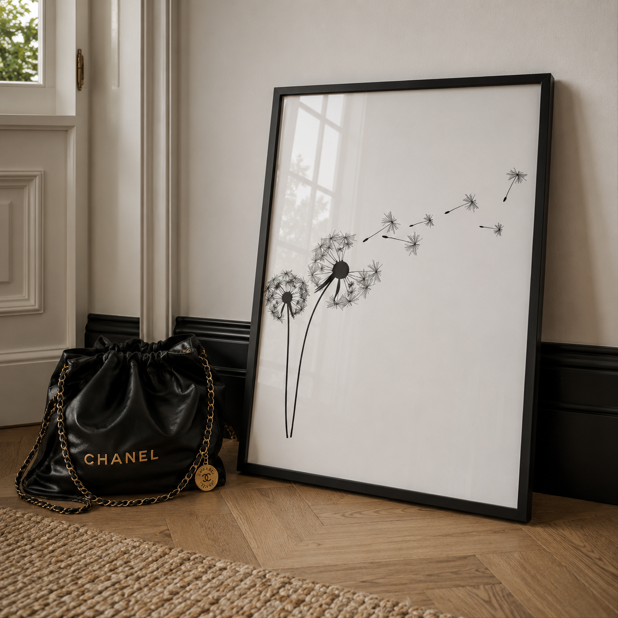 A black-framed wall art print leaning against a cream wall on a wood floor, featuring a minimalist black dandelion illustration on a white background. A black Chanel drawstring bag with gold lettering and chain lies beside it on the floor.