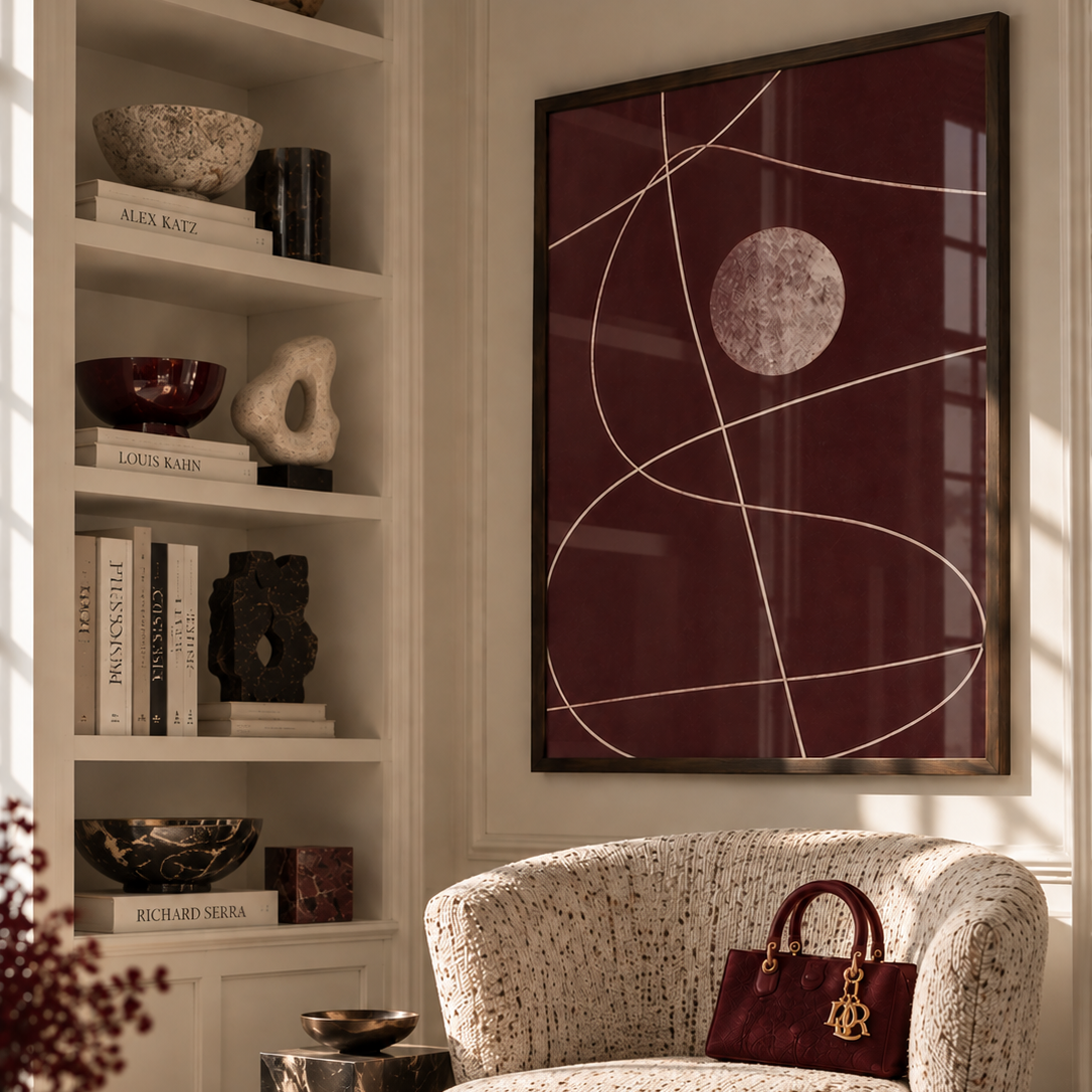 Deep Red Abstracts Poster styled in a dark brown frame in a luxury London living room